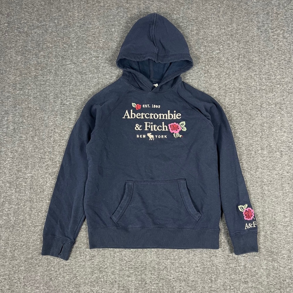 Abercrombie & Fitch Hoodie Women Small Kids 11/12 Navy Floral Rose Embroidered